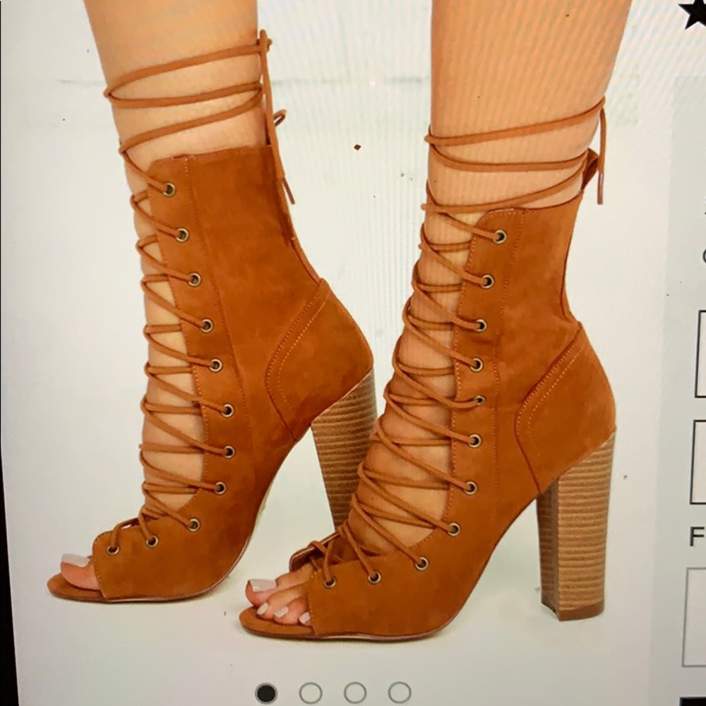 Tan lace up high heel booties